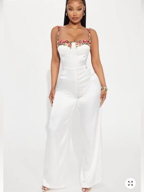 Fashion Nova Evelyn White Satin Wide-Leg Jumpsuit with Florals